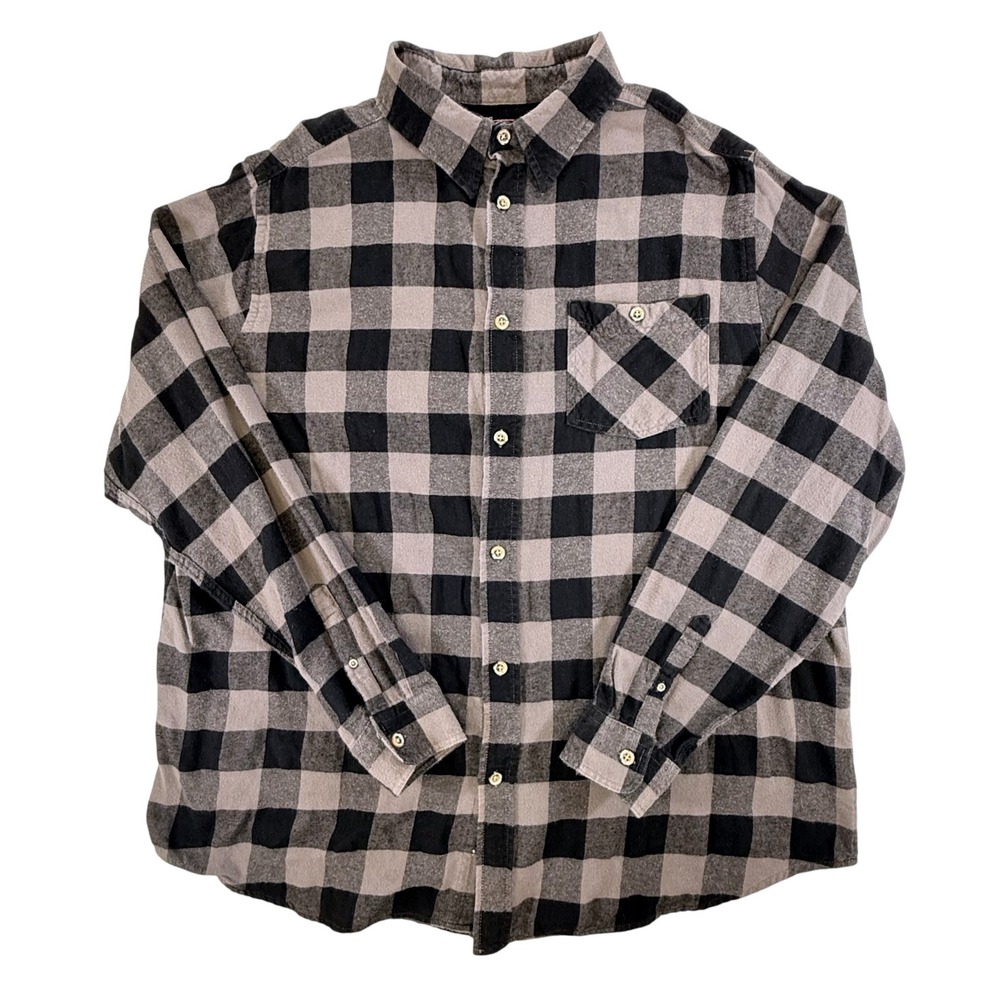 Boulder Creek Mens 2XL Tall Flannel Shirt Buffalo Plaid Grey Black Cotton Button